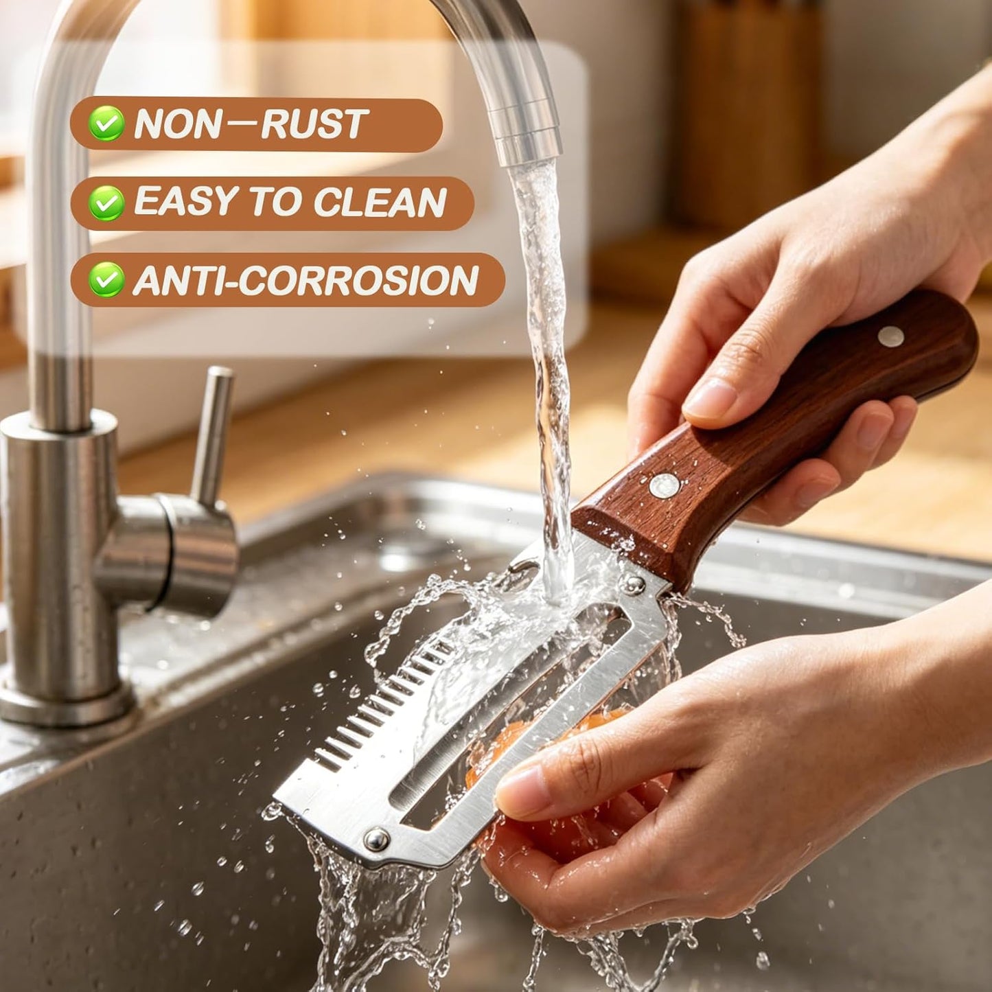 Vegetable Peeler with Wooden Handle, 3-in-1 Multifunctional Peelers for Kitchen - Scallion Shredder, Julienne Slicer & Bottle Opener, Stainless Steel Blade, Potato Carrot Fruit（2 Pack）