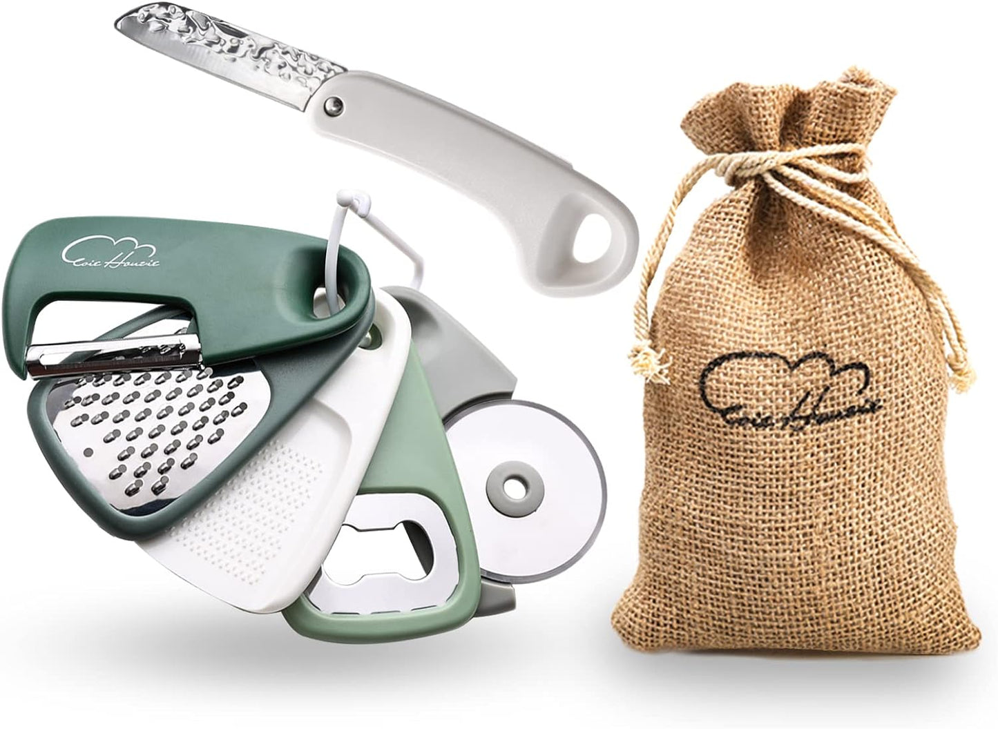 Kitchen Gadgets Set 5 Pieces, Space Saving Cooking Tools Kitchen Accessories - Fruit/Vegetable Peeler, Cheese/Chocolate Grater, Bottle Opener, Pizza Cutter, Garlic/Ginger Grinder Gift Set (Black)