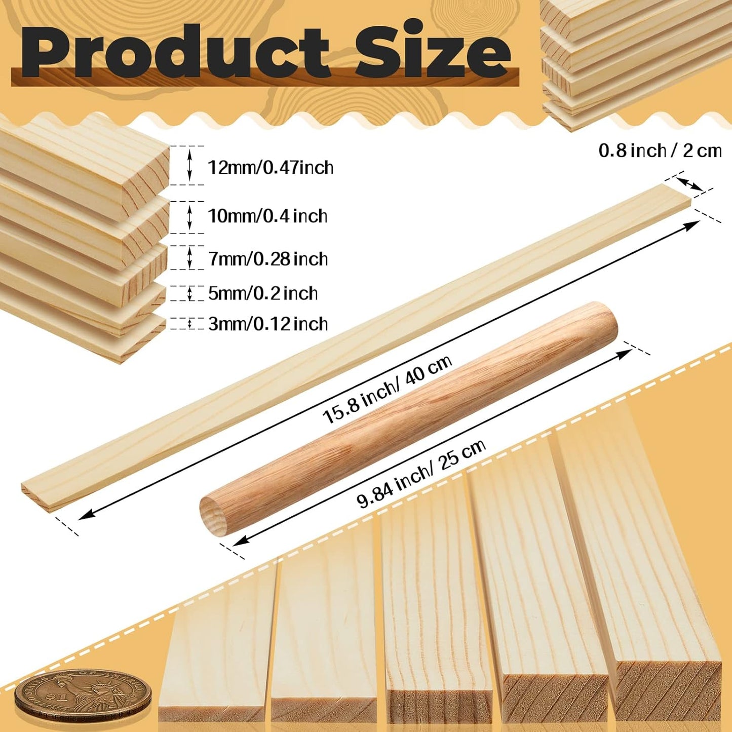 FairySandy 11 Pcs Pottery Teaching Rolling Mud Stick Guide and Wood Rolling Pin Set Include 10 Pcs 15.8 x 0.8 Inches Mudboard Guide and Clay Roller Tools for Manual Self Made Clay Gift Decoration