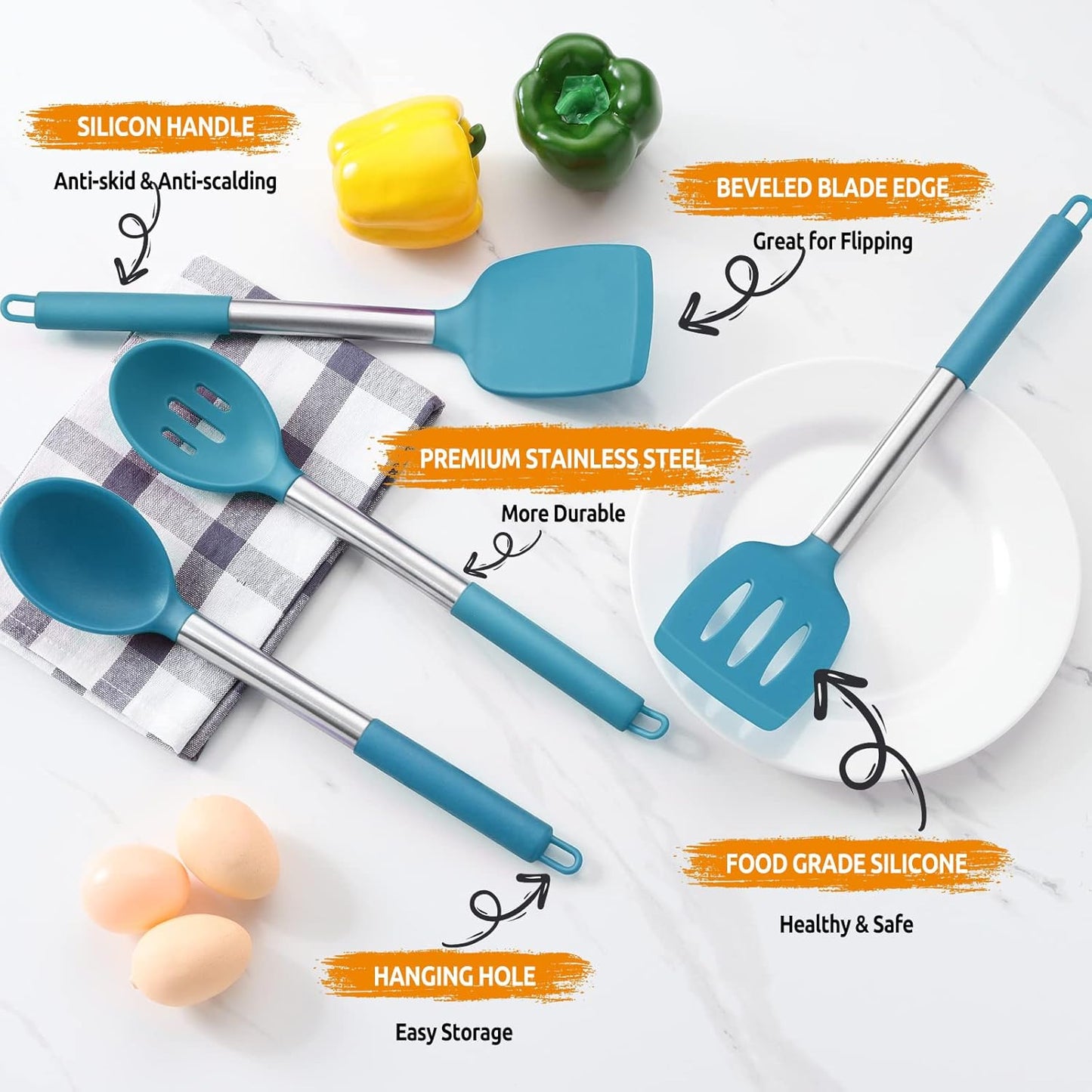 E-far Cooking Utensils Set of 4, Silicone Kitchen Utensils for Non-stick Cookware, Heat Resistant & Non-toxic Slotted Spatula Solid Spoon Turner for Flipping Mixing Serving Basting(Black)