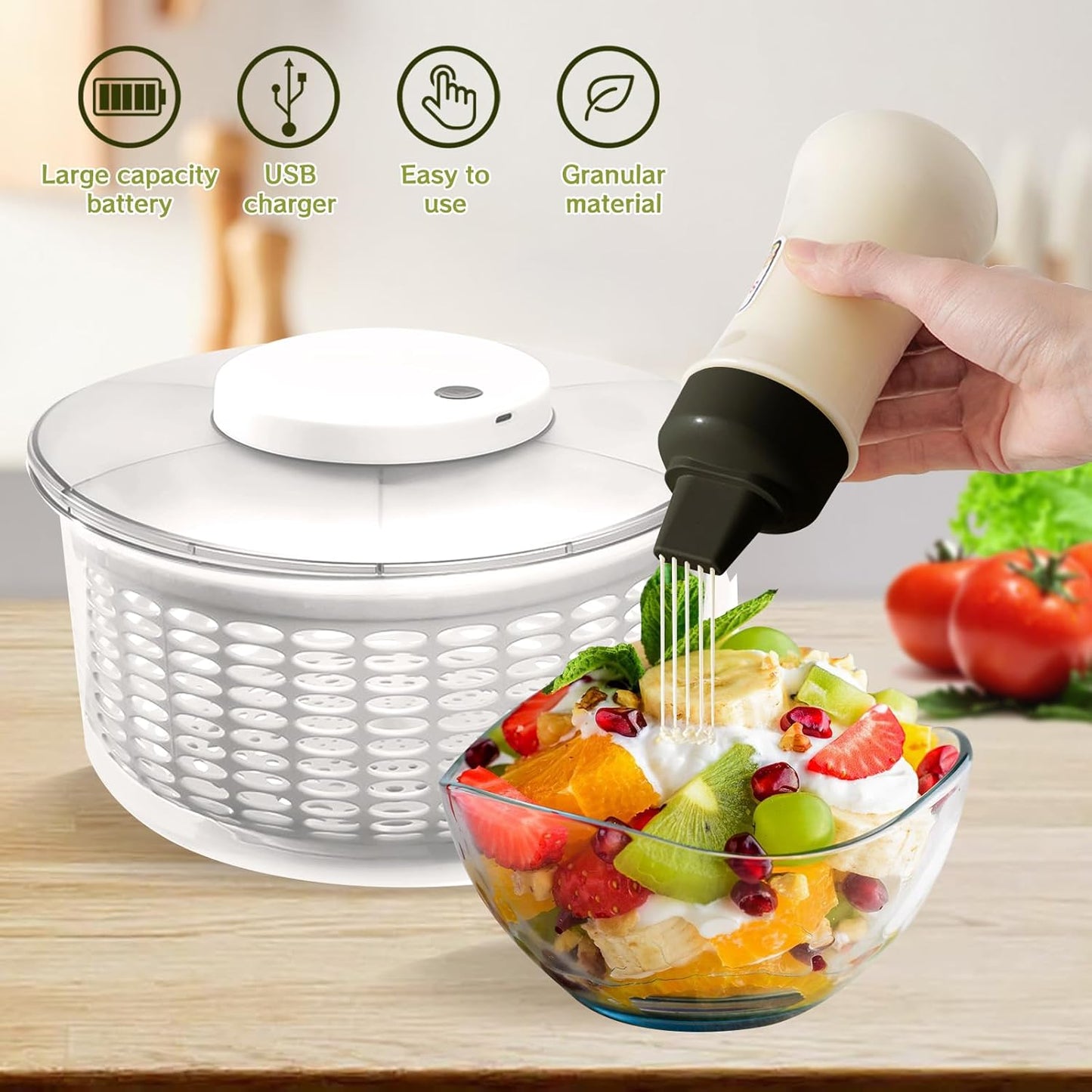 Electric Salad Spinner,6L Large Capacity Automatic Vegetables Fruit Washer Dryer Drainer Strainer,USB Charge Lettuce Spinner Cleaner with 350 ml Squeeze Bottle for Home Kitchen