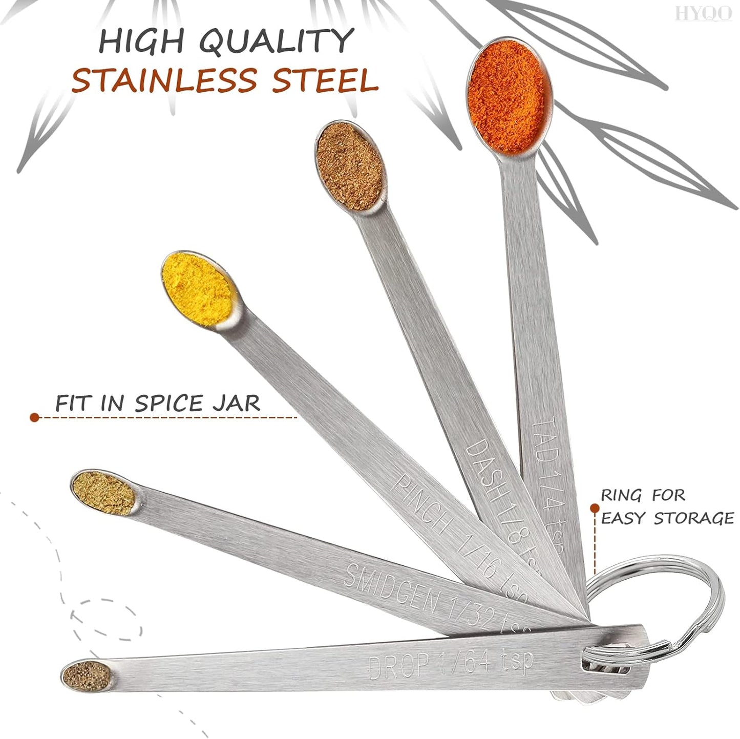 5 Pcs Mini Measuring Spoons Set - Stackable Design, 1/4, 1/8, 1/16, 1/32, 1/64 TSP Sizes, Flat Handle Metal Measuring Spoons Made of Durable Stainless Steel for Cooking, Baking & Small Kitchen Tasks