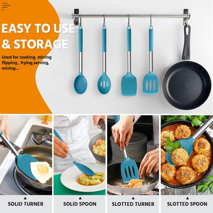 E-far Cooking Utensils Set of 4, Silicone Kitchen Utensils for Non-stick Cookware, Heat Resistant & Non-toxic Slotted Spatula Solid Spoon Turner for Flipping Mixing Serving Basting(Black)