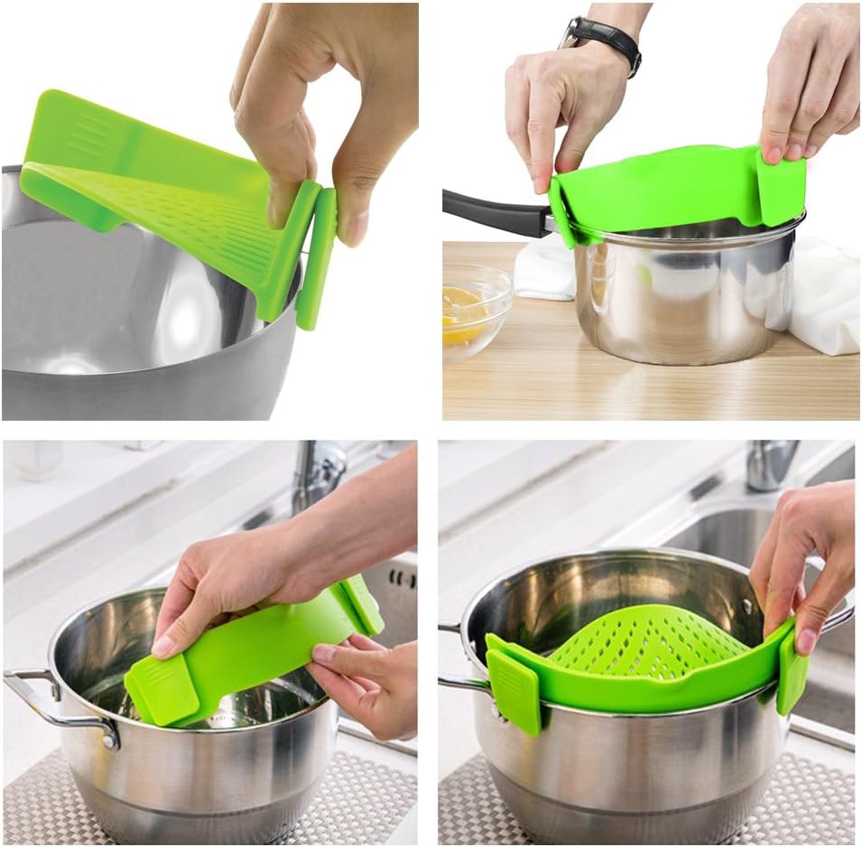 Snap Strainer, DaKuan 2 Packs of Hands-free Clip-on Heat Resistant Colander Pour Spout for Pasta Vegetable Noodles Pot bowl Pan