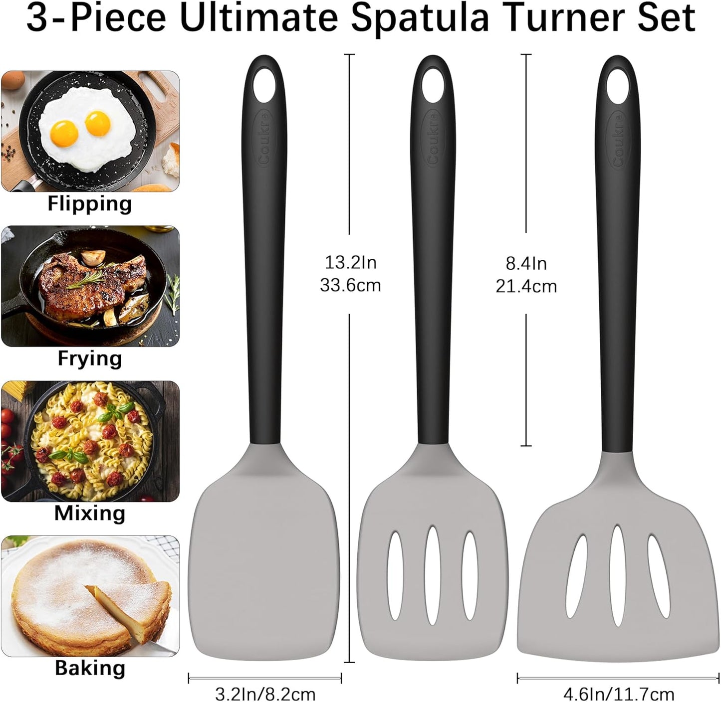 Coukre 3 Pack Silicone Spatula Set, High Heat Resistant, BPA-Free, Fish Spatula, Solid & Slotted Turner for Non-Stick Pans, Flipping Eggs, Pancakes, Fish, Burgers (3, PureBlack)