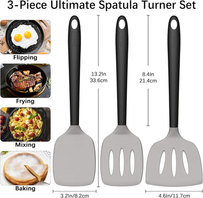 Coukre 3 Pack Silicone Spatula Set, High Heat Resistant, BPA-Free, Fish Spatula, Solid & Slotted Turner for Non-Stick Pans, Flipping Eggs, Pancakes, Fish, Burgers (3, PureBlack)