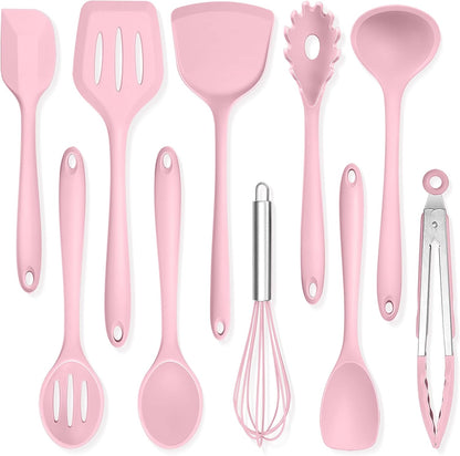 TeamFar Silicone Cooking Utensils, 10 pcs Kitchen Cooking Utensils Set, 446°F Heat Resistant Kitchen Gadgets Tools Set w/Spatula, Turners, Spoons, Soup Ladle, Pasta Server for Nonstick Cookware, Black