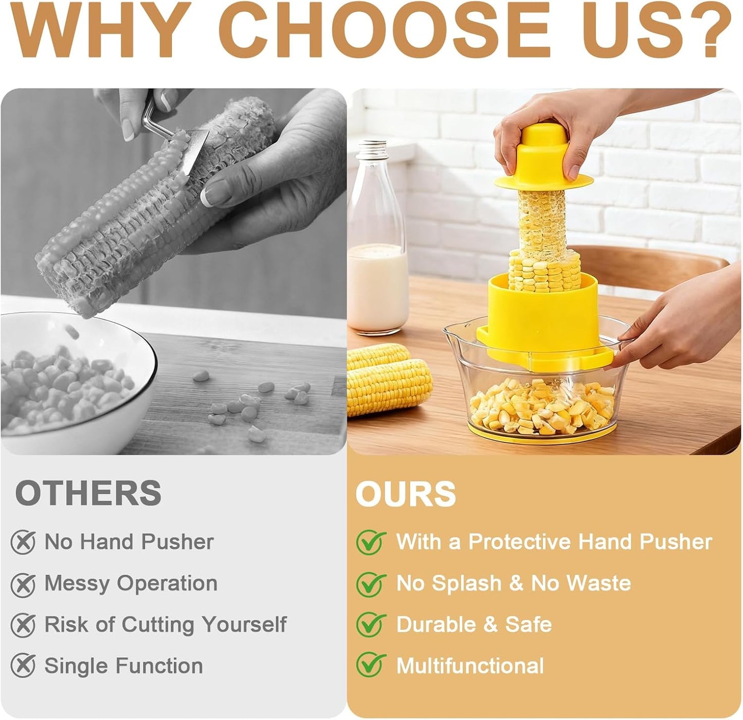 Corn Cob Stripper, 304 Stainless Steel Corn Kernel Remover with Bowl & Safety Handle – Easy Peeler for Corn on the Cob, Dishwasher Safe, Home Kitchen Gadgets