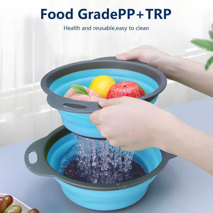 Collapsible Colander Set of 3 - Heat Resistant Washing and Draining of Vegetables Fruits Pasta - Perfect for Kitchen and Travel Use (3PCS-Blue)