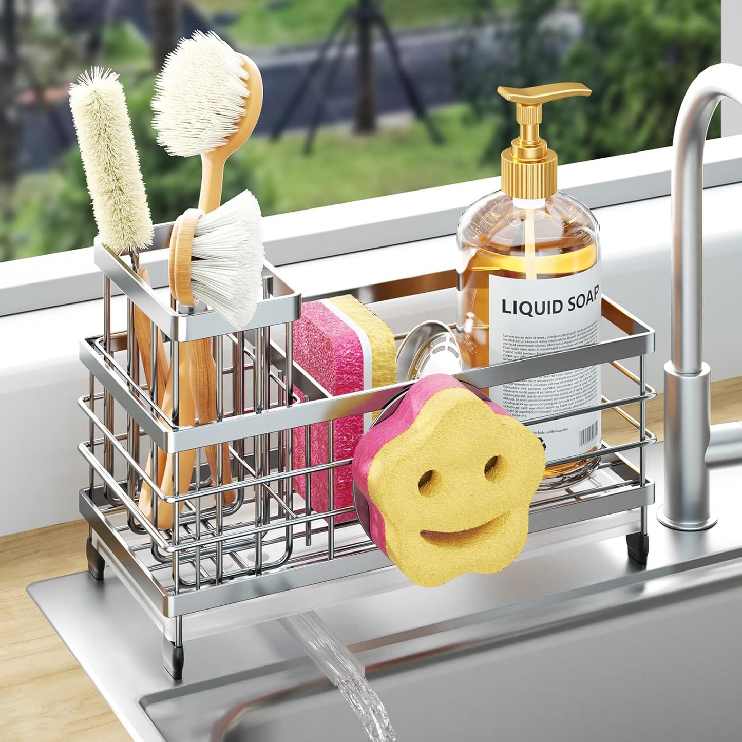 HapiRm Sponge Holder for Kitchen Sink - Self-draining Sink Caddy with Brush and Dishcloth Holders, Stainless Steel Kitchen Countertop Organizers and Storage Essentials - Black