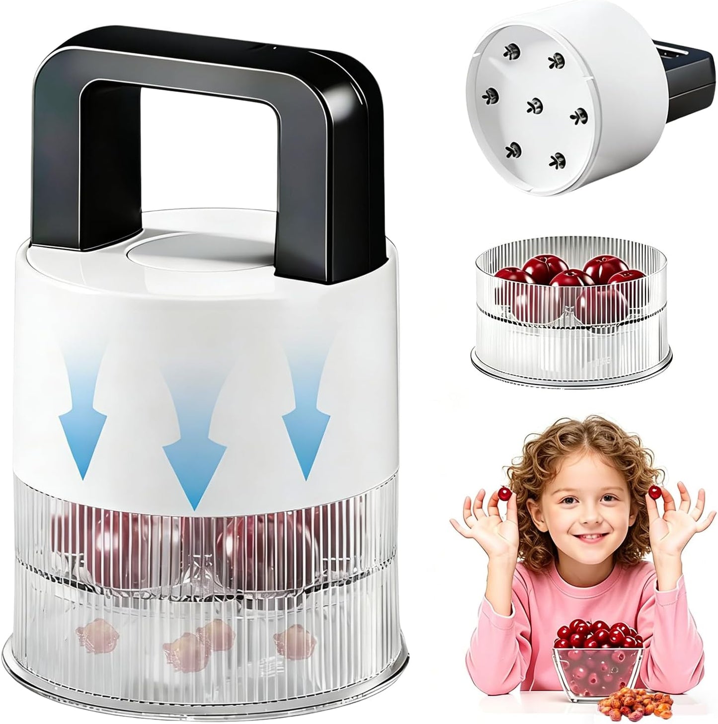 Cherry Pitter Tool Pit Remover, 2026 Upgraded 7-in-1 Multiple Push Corer, 1.5" Extra Large Slots for Cherries, Transparent Pit Cup, Dishwasher Safe Anti-Splatter for Kitchen Jam Prep (White)