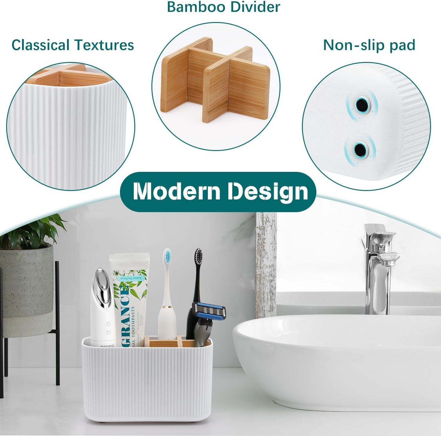 GFWARE Toothbrush Holders for Bathrooms, 5 Slots Bamboo Toothbrush Holder Kids Electric Toothbrush Holder and Toothpaste Holder for Bathroom Countertop Accessories Storage, Marble Toothbrush Organizer