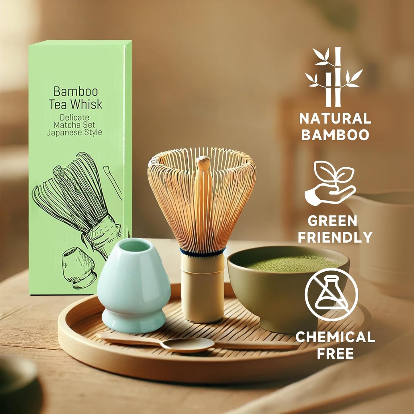 Matcha whisk set - 4pcs - Includes Bamboo Matcha whisk, scoop,spoon,Matcha Whisk Holder. Essential matcha whisk set for a traditional tea ceremony and daily use