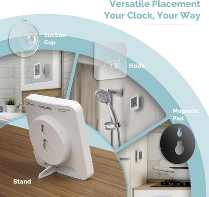 KADAMS Shower Clock Waterproof Bathroom Timer – Digital Wall Clock with Countdown, Magnetic Kitchen Clock with Temperature & Humidity, Suction Cup for Kids Shower Spa Cook Bath (Black)