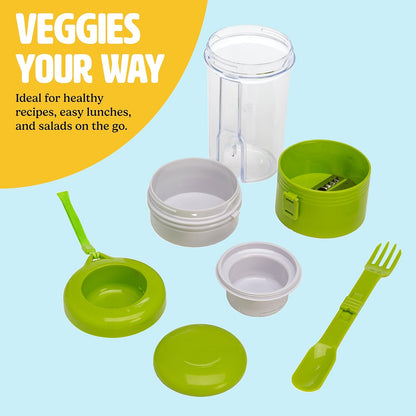 Tasty 2-in-1 Vegetable Spiralizer and Salad Container, Travel Fork Included, Dishwasher Safe, Multiple Compartments, Green