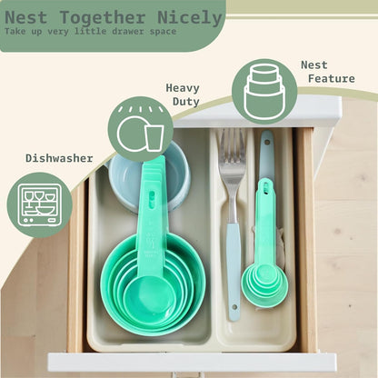 Inmorven 10pcs Measuring Cups and Spoons Set, BPA-Free Plastic Kitchen Baking Tools with Engraved Markings, Stackable Design for Dry & Liquid Ingredients (Pink)