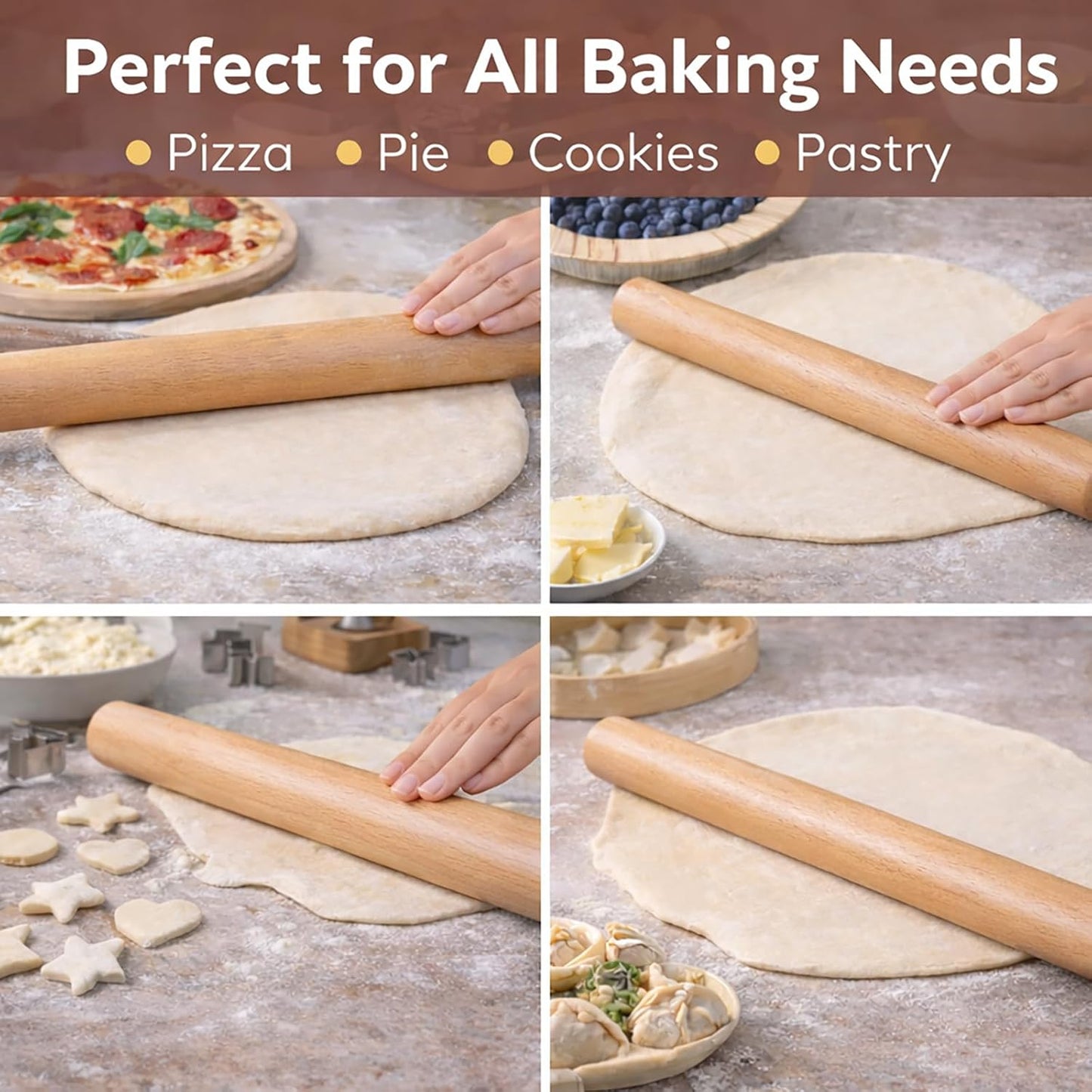 17 Inch French Rolling Pin, Wooden Dough Roller for Baking, Solid Wood Tapered Rolling Pin for Pizza, Pie Crust, Cookies, Pastry, Non-Stick, Easy Control Kitchen Baking Tool, European Beech Wood