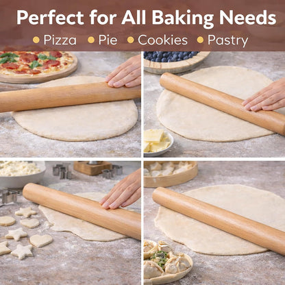 17 Inch French Rolling Pin, Wooden Dough Roller for Baking, Solid Wood Tapered Rolling Pin for Pizza, Pie Crust, Cookies, Pastry, Non-Stick, Easy Control Kitchen Baking Tool, European Beech Wood