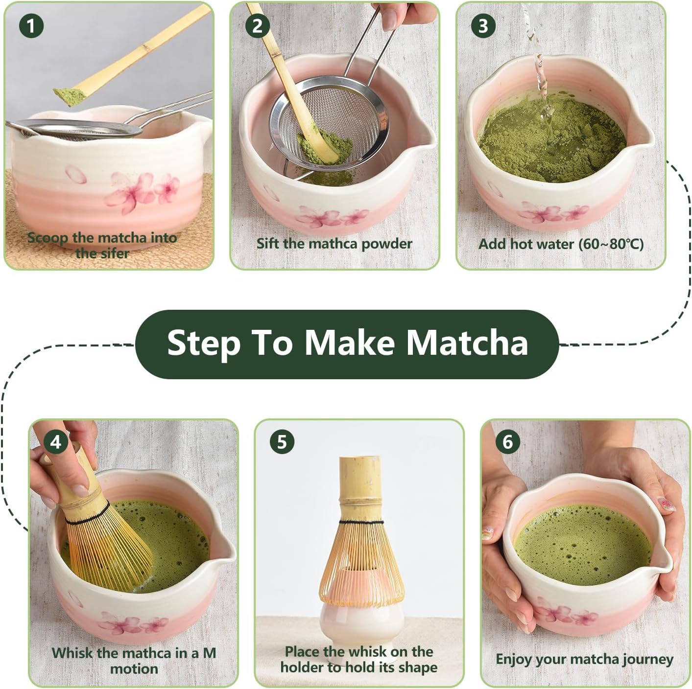 7PCS Matcha Whisk Set, Sakura Cherry Bloosm Matcha Kit Gift for Women Birthdays Mom Girls Kids and Matcha Tea Lover, with Bamboo Whisk, Holder, Bowl, Scoop, Sifter, Towel, and Elegant box