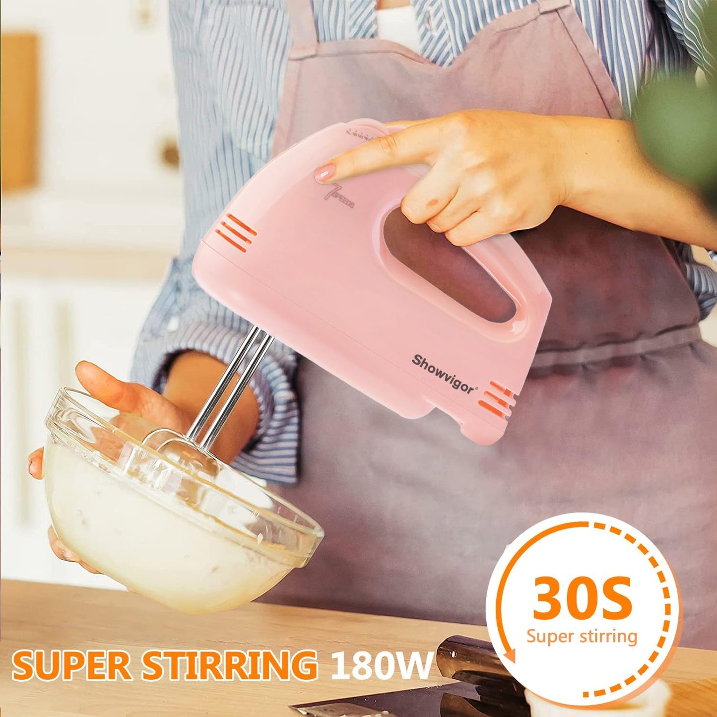 Showvigor Electric Hand mixer - 7 Adjustable Speed 180W Handheld Mixer Electric Whisk with 5 Stainless Steel Accessories, Turbo Boost/Self-Control Speed + Eject Button Food Beater for Cakes Eggs