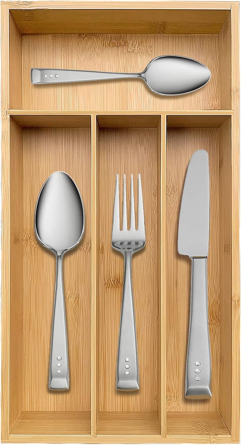 guiogc Bamboo Silverware Drawer Organizer, Kitchen Small Silverware Organizer, Utensil Tray Holder, Cutlery Tray for Spoons, Forks, Knives, Suitable for a family of 2-4