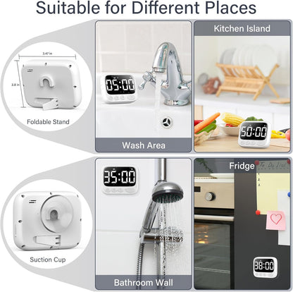 HAUKINIX Shower Timer Waterproof Bathroom Toilet Timer Digital Kitchen for Wall Mount, Study w/Foldable Stand, Countdown Stopwatch w/Suction Cup for Swim, Rechargeable, White