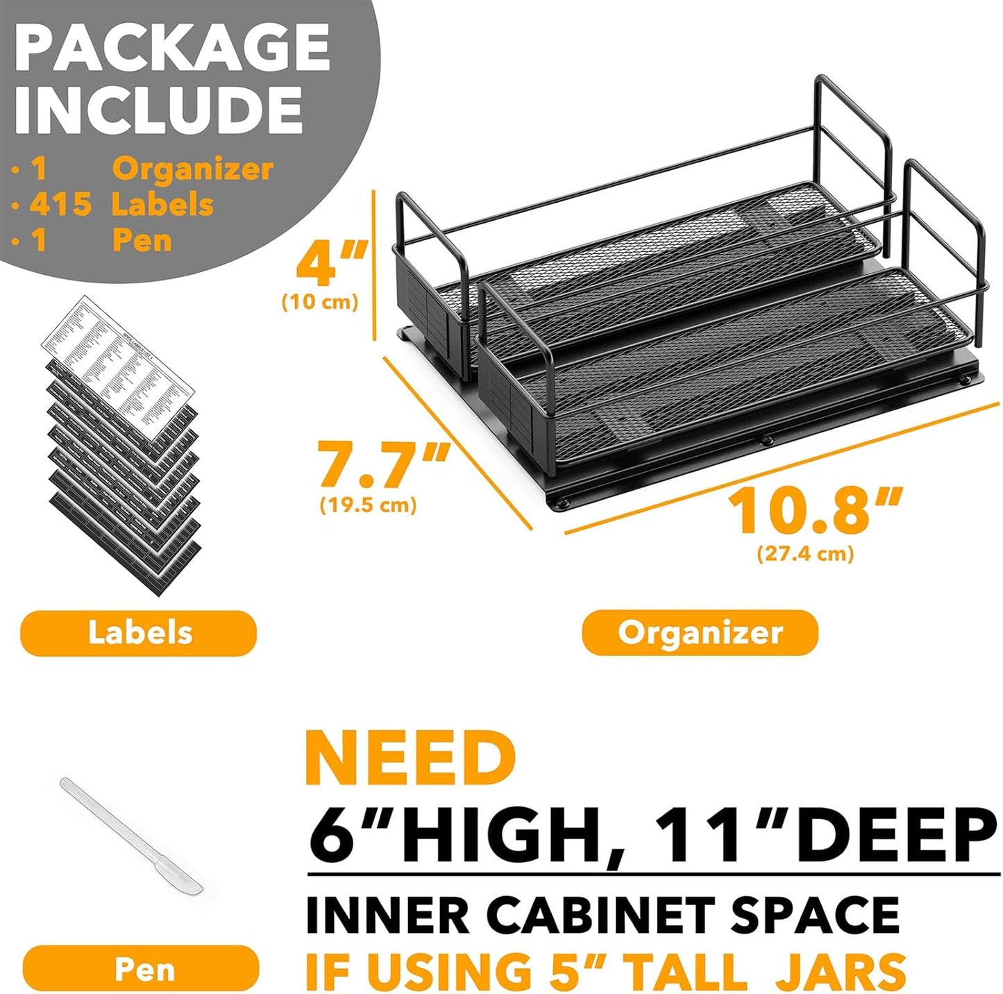 SpaceAid Pull Out Spice Rack Organizer for Cabinet, Heavy Duty Slide Out Seasoning Kitchen Organizer, Cabinet Organizer, with Labels, 5.2" W x10.75 D x10 H, 2 Drawers 2-Tier