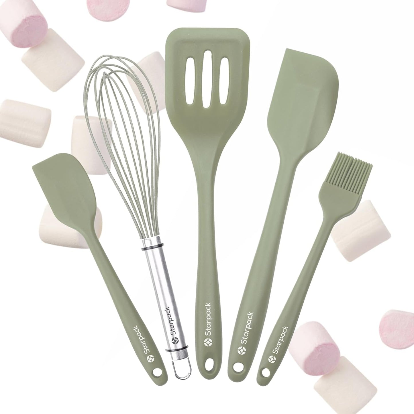Starpack 'Flip & Whip' Premium Silicone Baking Utensils Set (5 Pcs) - 10" Green Cooking Utensils with Large and Small Spatulas, Whisk and Basting Brush - Heat Resistant to 600°F - Baking Tool Set