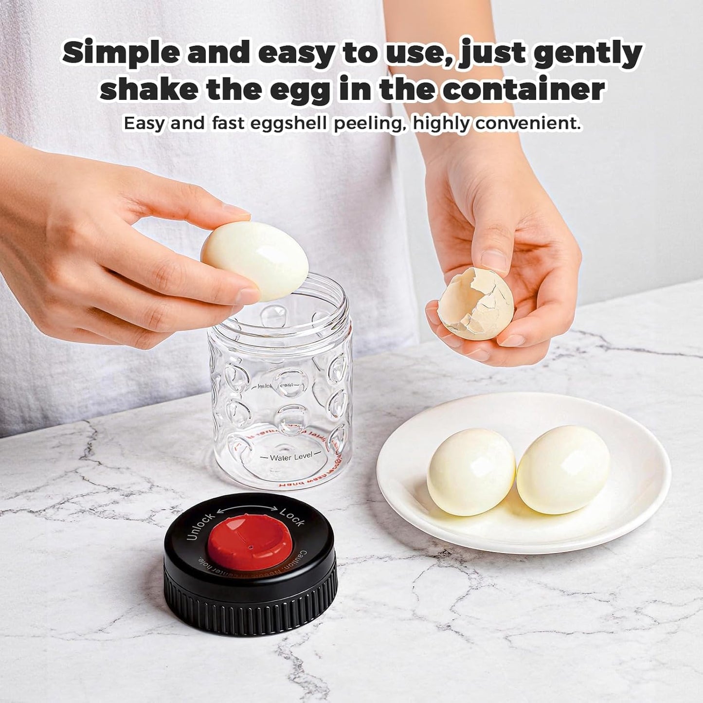 2 in 1 Egg Peeler with Piercer, Hard Boiled Egg Shell Remover Tool with Rotary Lock & Leak-Proof Design, Clear Egg Peeler for Meal Prep, Fitness, Camping & Deviled Eggs, Easy to Use & Clean (White)