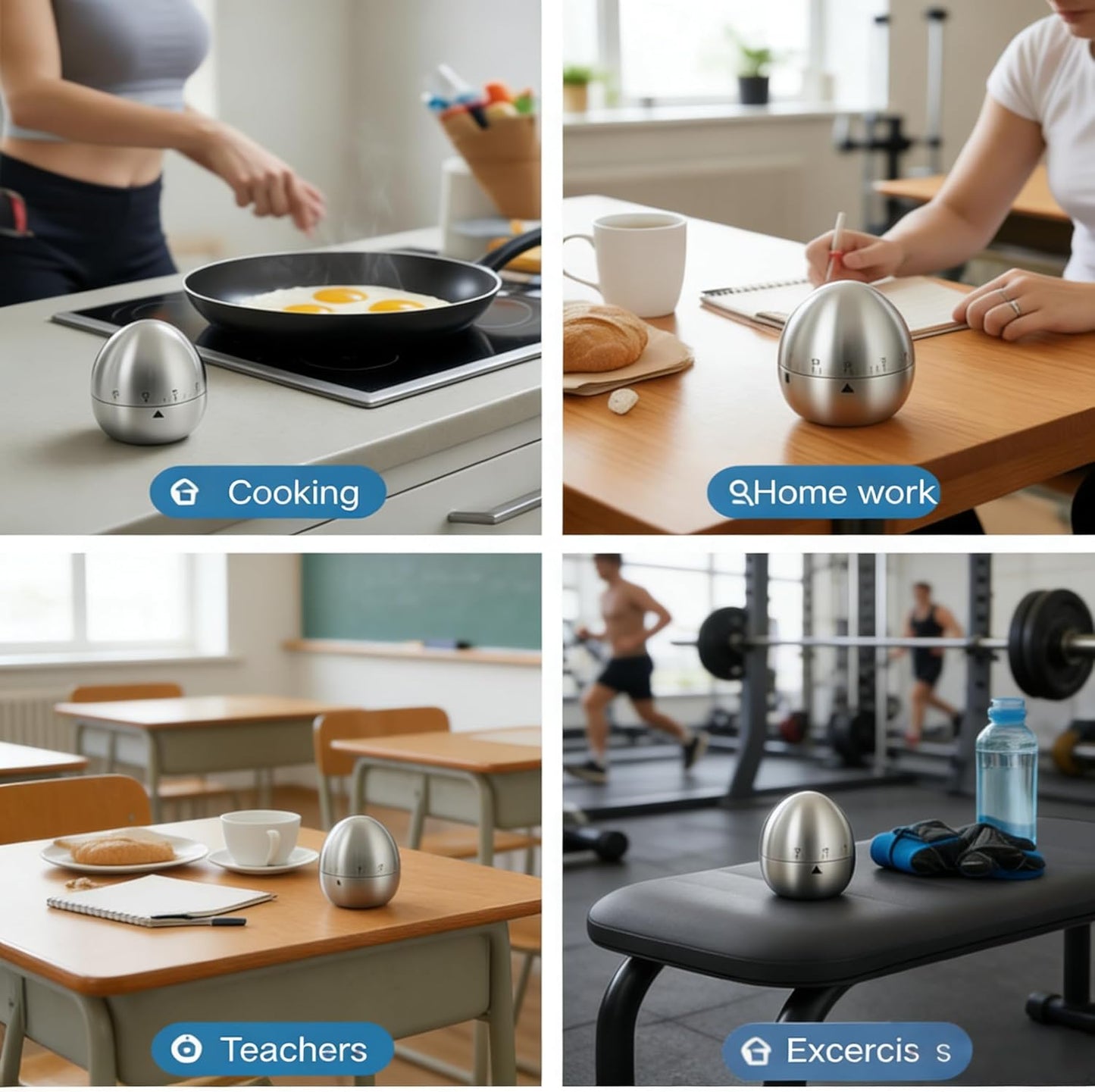 Stainless Steel Kitchen Timer Egg – Accurate Countdown Timer for Cooking, Metallic Silver Egg Shape, with Dual-Language Manual (English & Chinese)