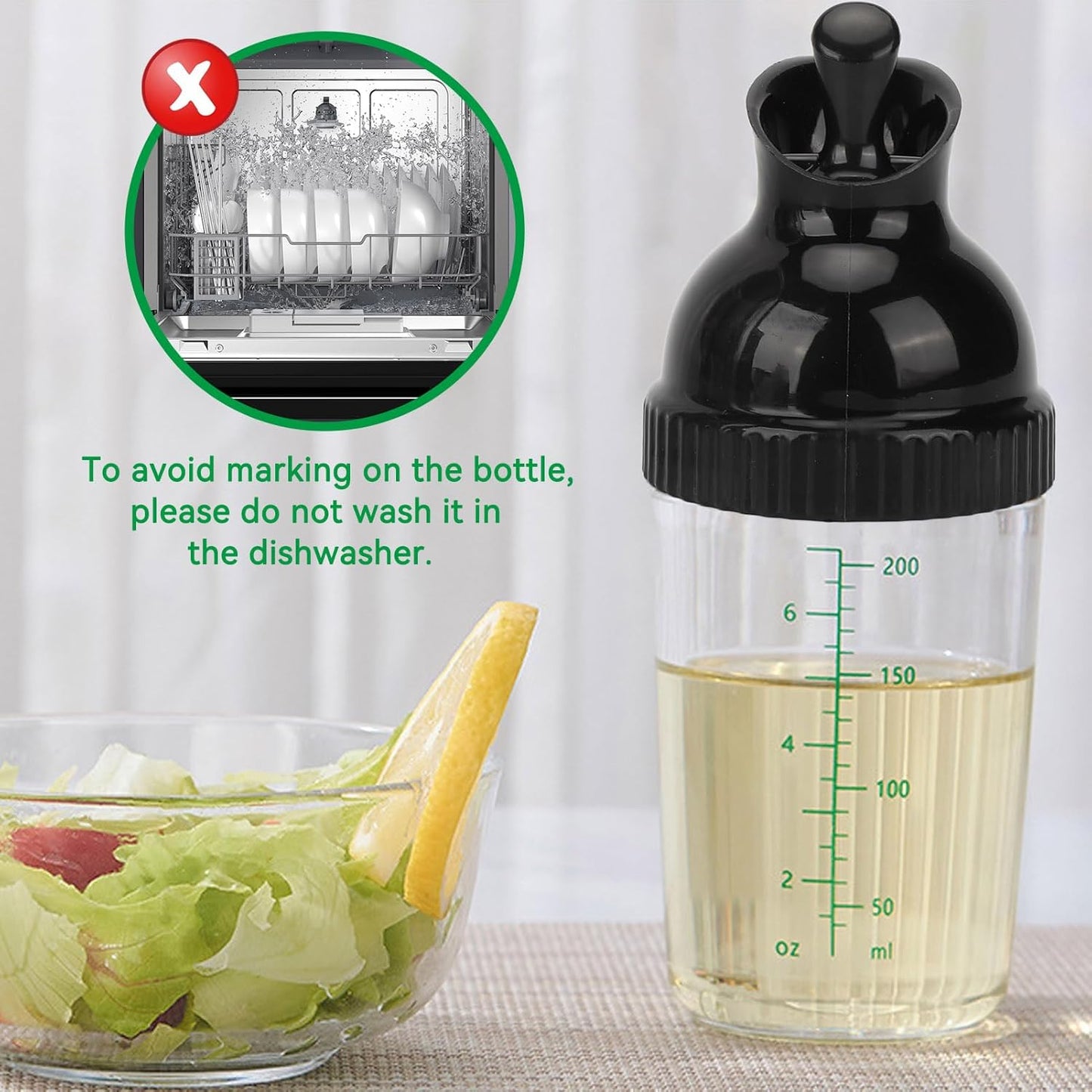 HERCHR Salad Dressing Shaker, Salad Dressing Shaker Container with Pour Spout for Making, Mixing, Sauces, Dripless Pour, Soft Grip 200ml(Black)