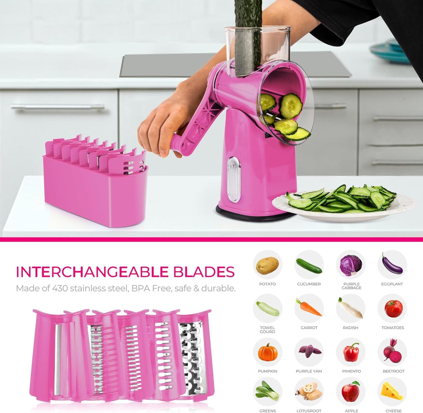 SUSTEAS Rotary Cheese Grater with Handle - Vegetable Shredder with 5 Well-designed Blades & Strong Suction Base,Round Mandoline Slicer & Food Chopper for Kitchen,with Blade Storage Box(Beige)