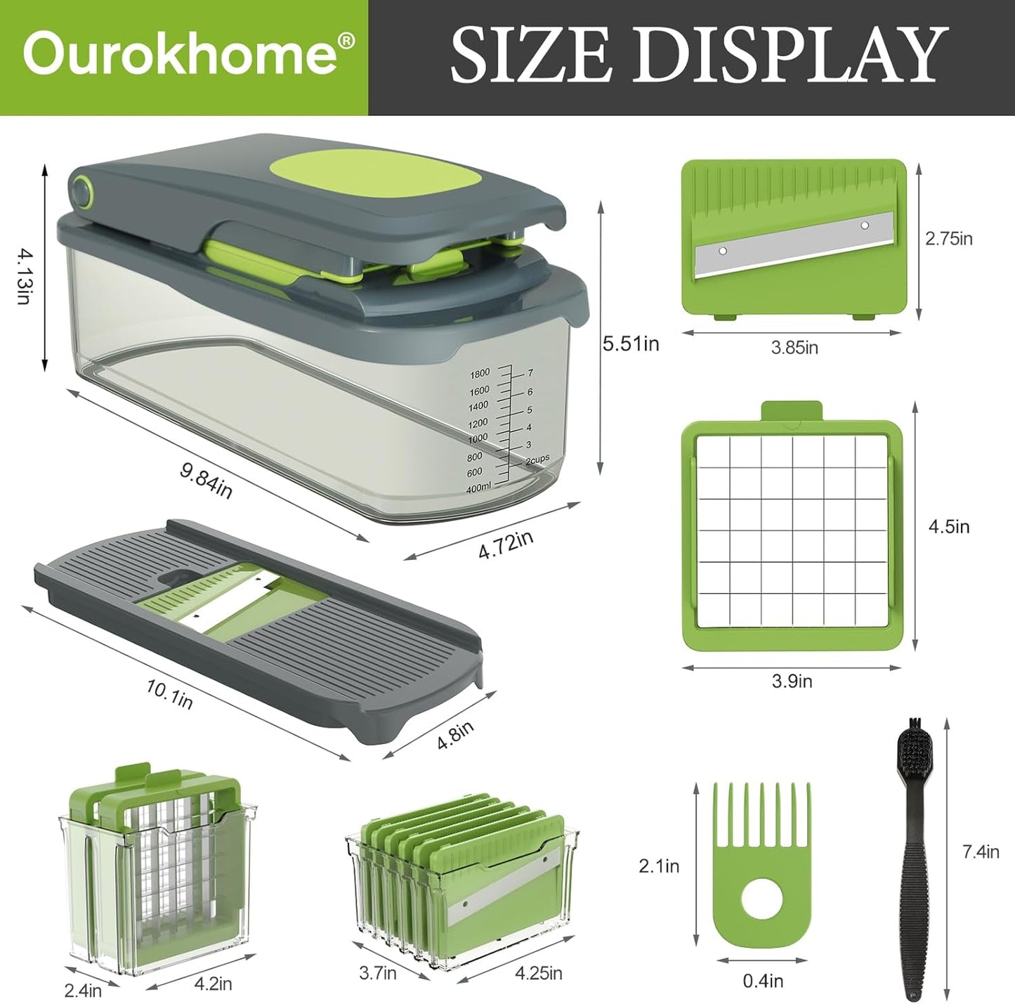 Ourokhome Veggie Chopper and Dicer with Container, Manual Hand Food Mandolin Slicer with 4 in 1 Handheld Vegetable Spiralizer for Zucchini, Potato, Onion, Essential Kitchen Gadgets (12 in 1, Gray)