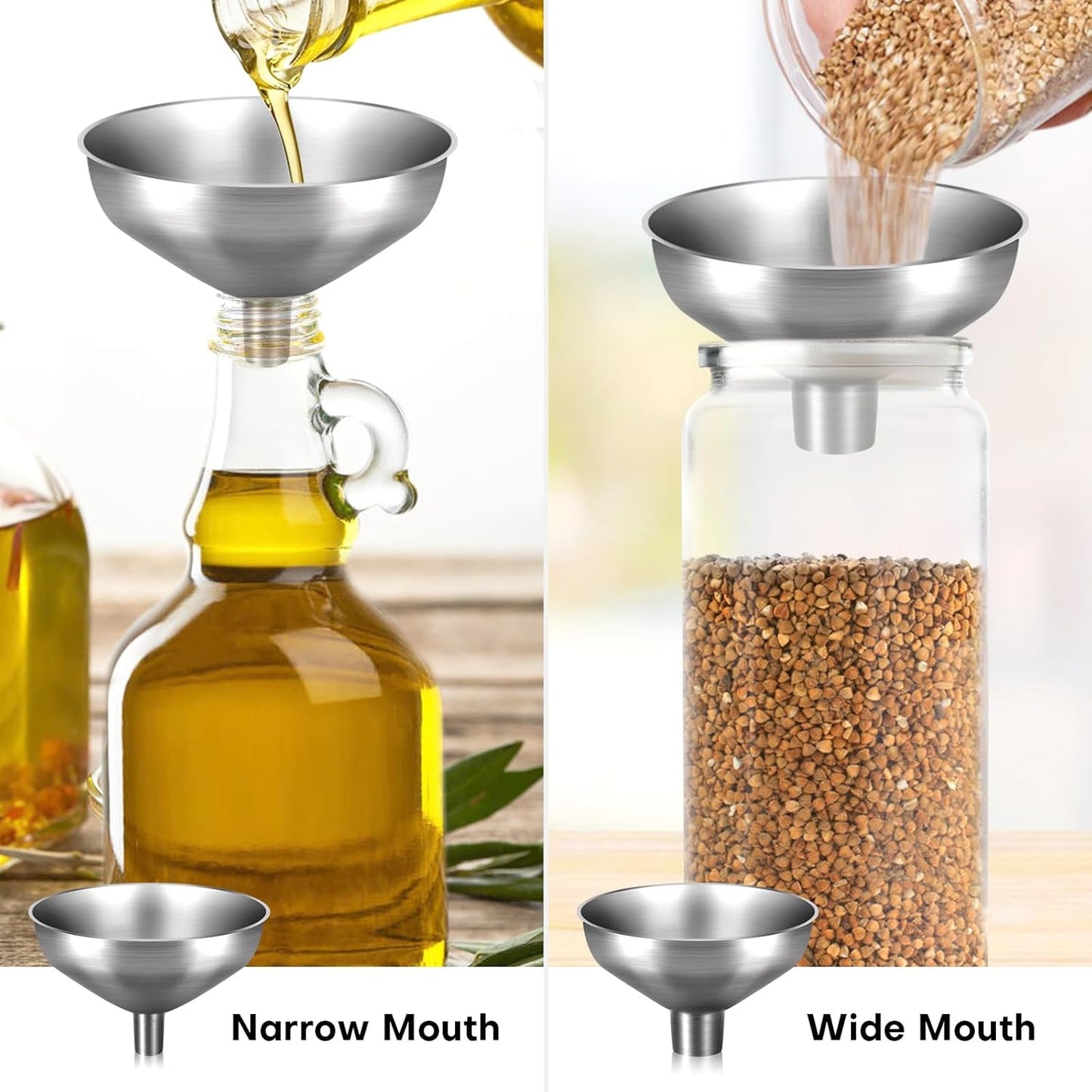 Serinar 2-Piece Stainless Steel Kitchen Funnel Set with 1-Inch and 0.5-Inch Ports for Transferring and Filling Liquids, Coffee Beans, Spice Blends, and Powders Easy to Clean!