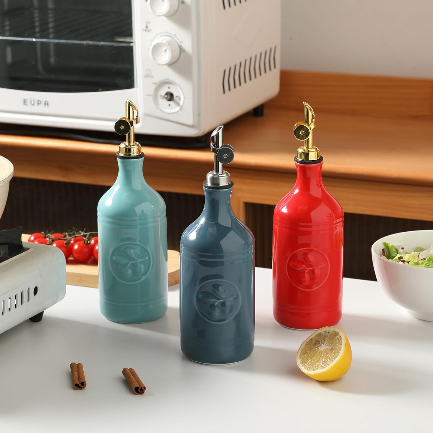 Sweejar Ceramic Olive Oil Dispenser Bottle, 17 FLOZ Oil Bottle with Spout，Porcelain Oil Dispenser for Kitchen,Cooking, Evoo, Vinegar, Soy Sauce, Pack of 1 (Beige)