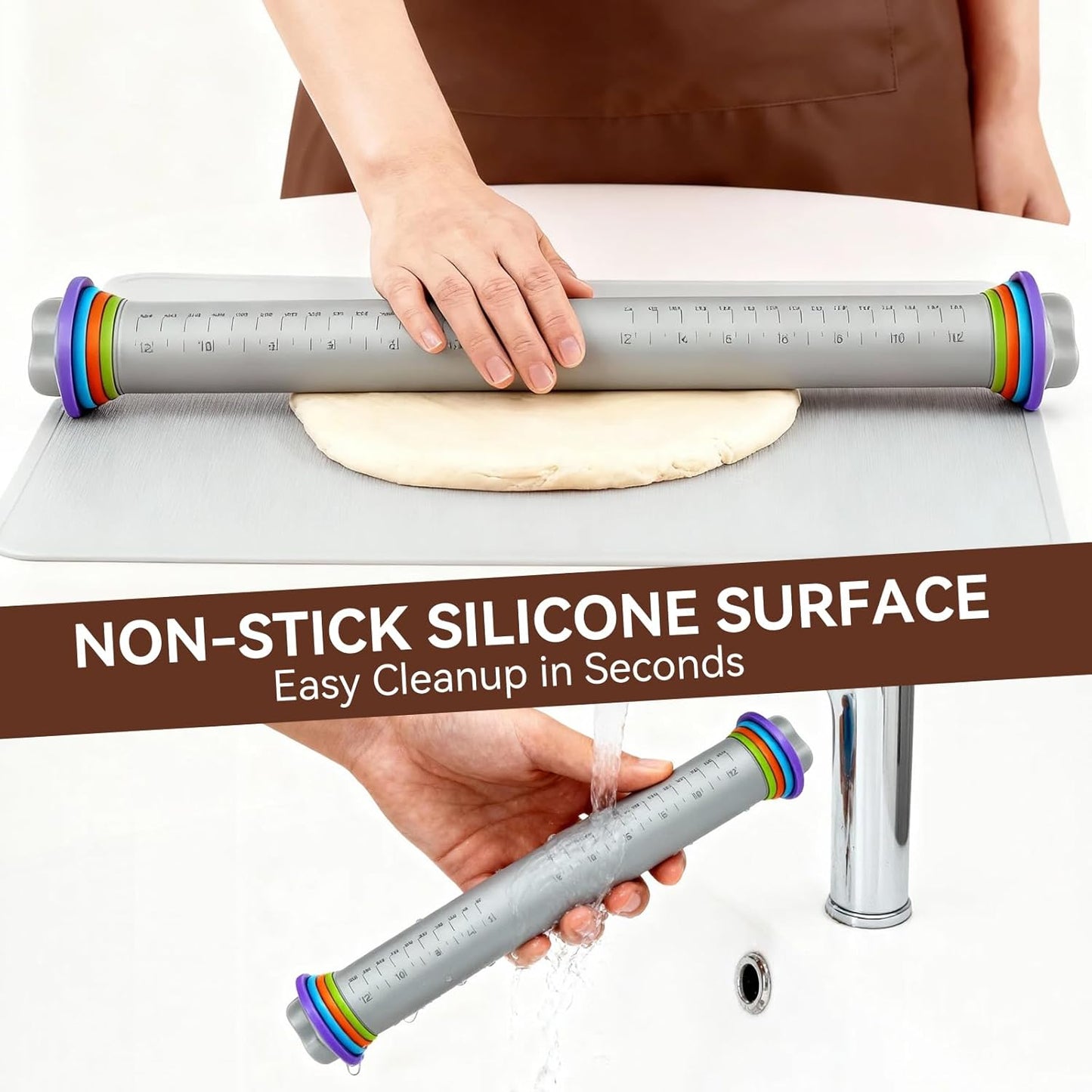 Adjustable Rolling Pin with Thickness Rings, 12.8" Silicone Non-Stick Dough Roller with Stainless Steel Core, Consistent Thickness Baking Tool for Pizza, Pastry, Cookies & Pie Crust
