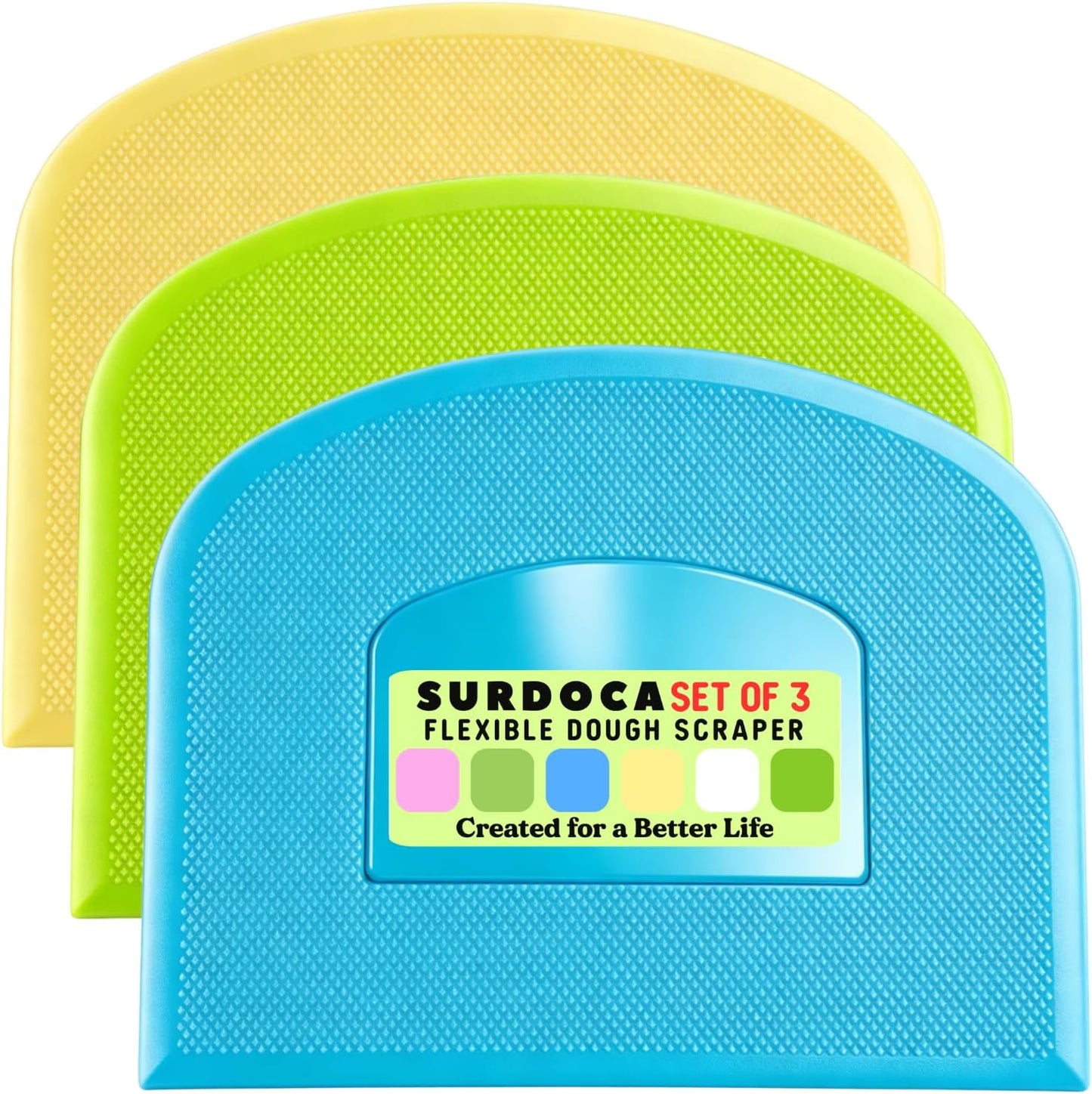 SURDOCA Dough Scraper Bench Scraper - 3P 4.7x3.7" Plastic Flexible Bowl Scraper, Sharp Edge & Angles Cake Scraper. Non-Slip Bakeware Decorating Tools Sculpting & Modeling Tools - Green+White+Green - Colors A