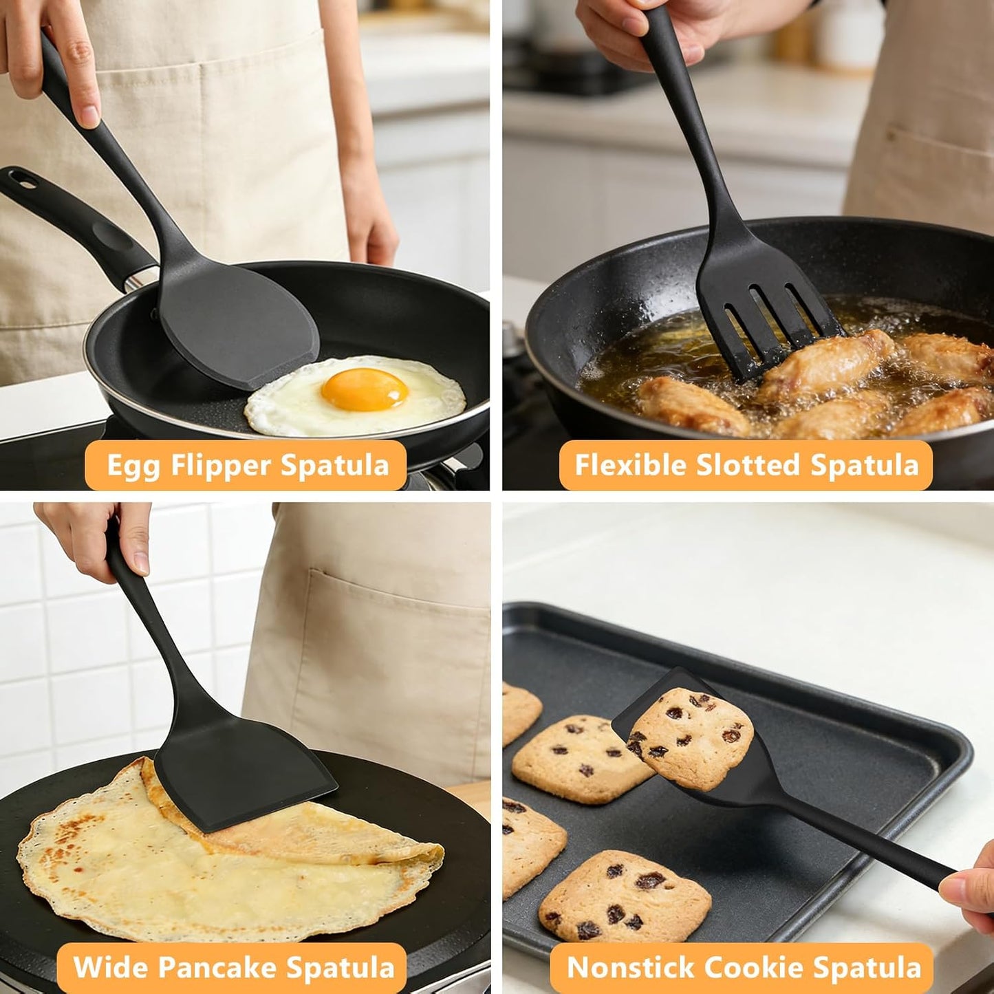 Silicone Spatula Turner Set, 600°F High Heat Resistant Spatulas for Cooking, BPA Free, Large Flexible Kitchen Utensils Flipping Eggs, Pancakes, Fish, Burgers, Dishwasher Safe (4 Pack, Black)