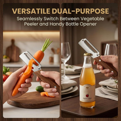 Sakerplus Multifunctional Vegetable Peeler, 2-in-1 Potato Peeler with Wooden Handle, 420 Stainless Steel Swivel Blade and Built-In Bottle Opener for Apples, Carrots and More (2)