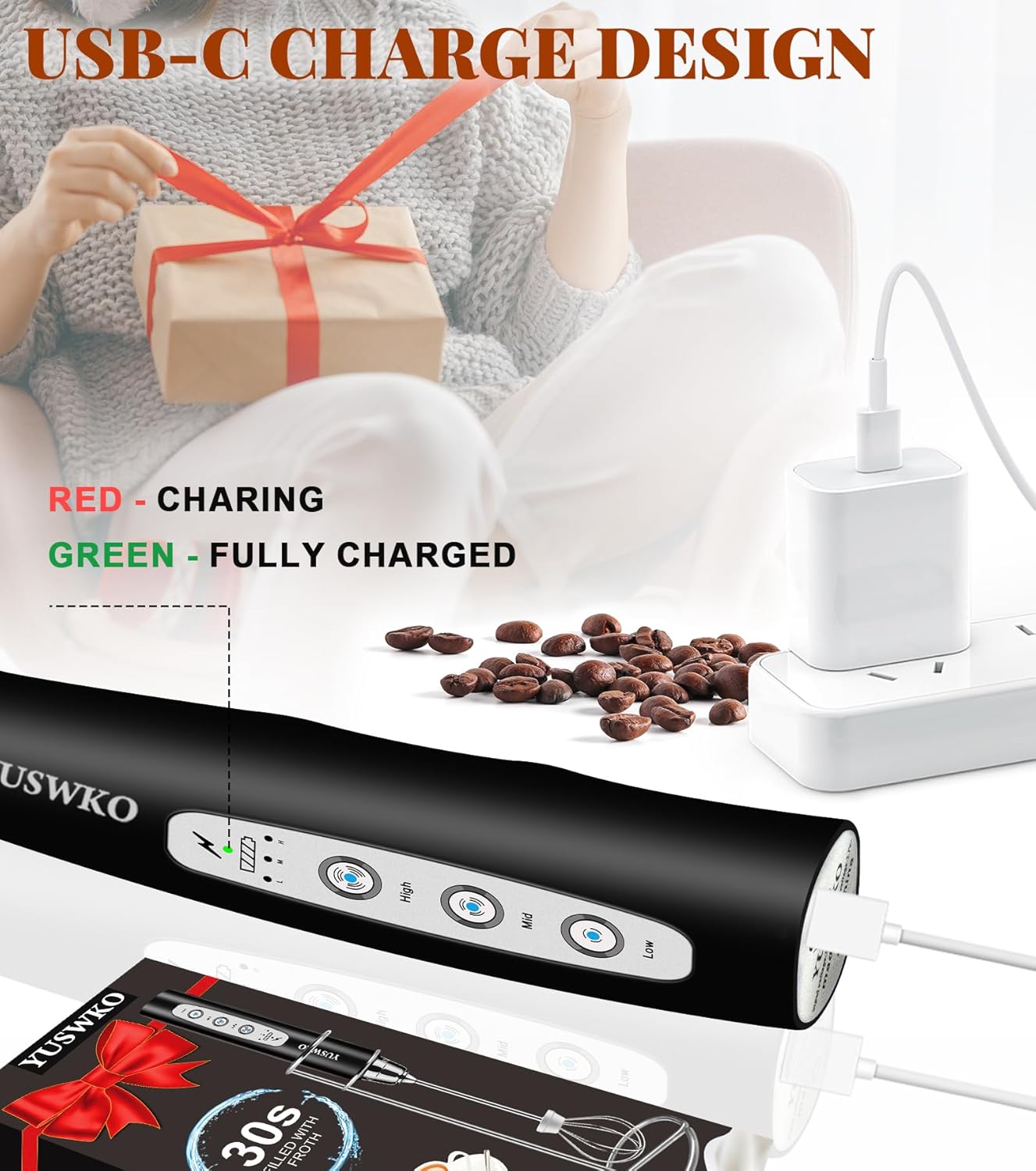 YUSWKO Black Handheld Milk Frother Wand for Coffee, Rechargeable Electric Whisk with 3 Heads 3 Speeds Drink Mixer Coffee Frother For Latte, Cappuccino, Hot Chocolate, Egg