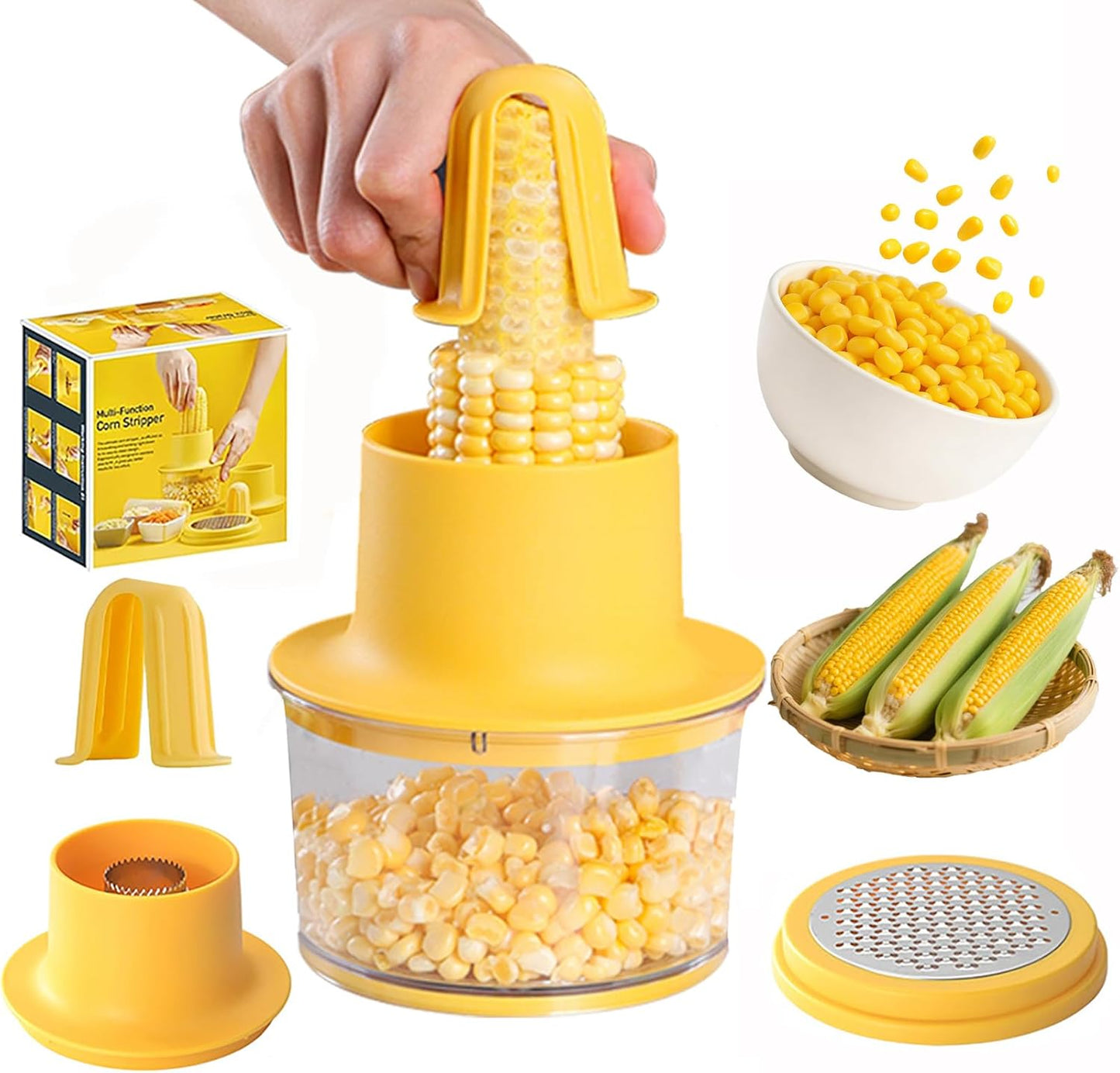 Corn Cob Stripper, Corn Peeler for Corn on the Cob, Quick Corn Cutter Tool, Corn shucker off the Cob with Bowl & Safety Handle [Yellow]