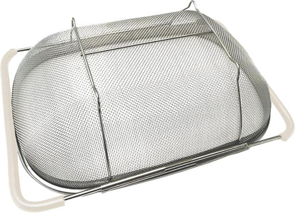 AJIODA Over The Sink Colander, 4 Quarts Stainless Steel Oval Colander with Expandable Rubber Grip Handle, Fine Mesh Strainer Baskets Kitchen Colanders for Strain, Drain, Rinse Vegetable, Fruits, Black