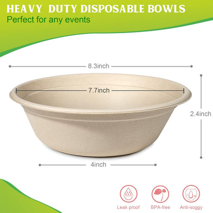 greensight Large Compostable Bowls - 32 oz, 100 Pack, Heavy Duty, Microwavable Safe, White Bagasse Bowls for Hot Soup, Salads, Cereals