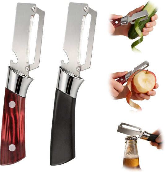 Multifunctional Vegetable Peeler, 3 in 1 Julienne Peeler with Wooden Handle, Vegetable Shredder with Bottle Opener Kitchen Tool for Peeling Veggie Fruit Pineapple Pumpkin Papaya Carrrot(2 Pack)