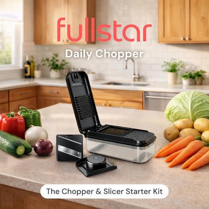 Fullstar Daily Vegetable Chopper and Mandoline Slicer - Kitchen Gadgets - Food Chopper with Container, Veggie Chopper, Fruit Cutter, Onion Dicer, Potato and Tomato Slicer for Salads (2-in-1, Black)