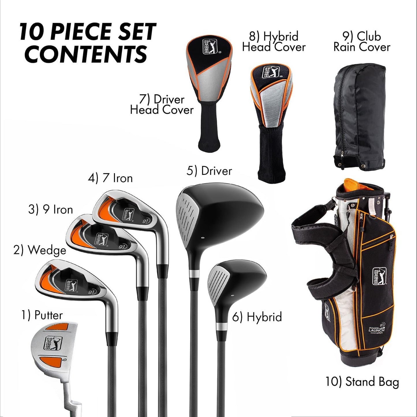 PGA Tour Youth Golf Club Set for Ages 8-12 & 12+ (4’8”–5’10”), Right and Left-Handed Kids Golf Sets – Beginner Junior Golf Clubs with Lightweight Stand Bag, Mallet Putter, Hybrid, Driver