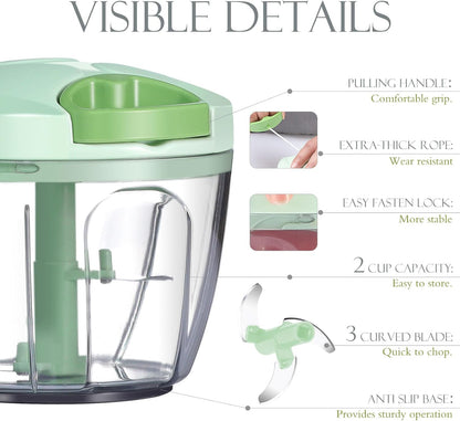 Ourokhome Manual Food Processor Vegetable Chopper, Portable Hand Pull String Garlic Mincer Onion Cutter for Veggies, Ginger, Fruits, Nuts, Herbs, etc., 500ml, Deep Blue