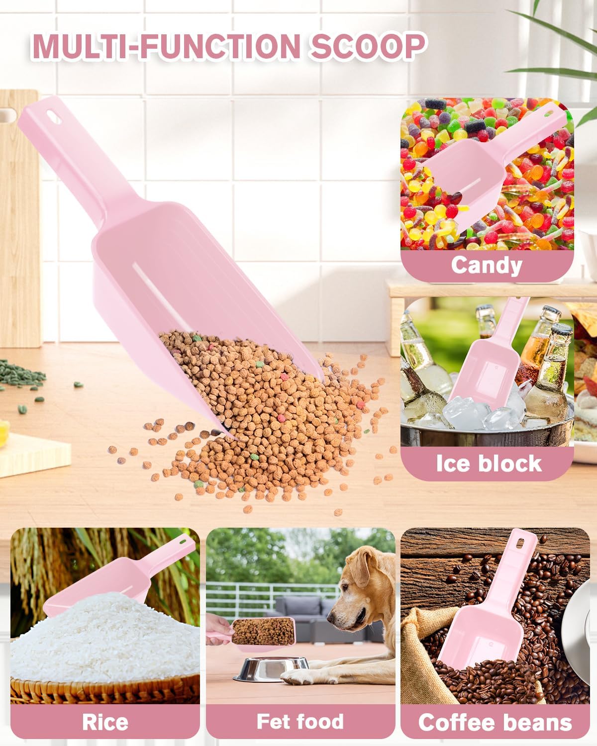2 Cup Dog Food Scoop(2 Pack), Plastic Pet Food Scoop with Measuring Lines for Accurate Pet Food Portions,Dishwasher Safe (Grey and Pink)