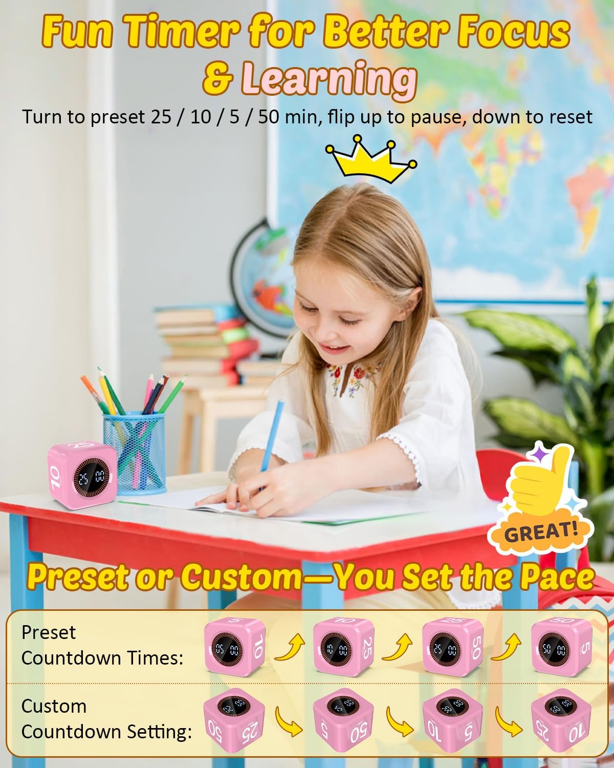 Digital Pomodoro Timer Cube 5/10/25/50min, Visual Productivity Flip Timer for Kids Classroom Desk, Custom Countdown, Silent and Sound Mode for ADHD Study Work Game Kitchen (Orange)