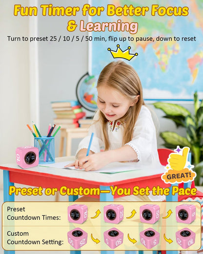 Digital Pomodoro Timer Cube 5/10/25/50min, Visual Productivity Flip Timer for Kids Classroom Desk, Custom Countdown, Silent and Sound Mode for ADHD Study Work Game Kitchen (Orange)